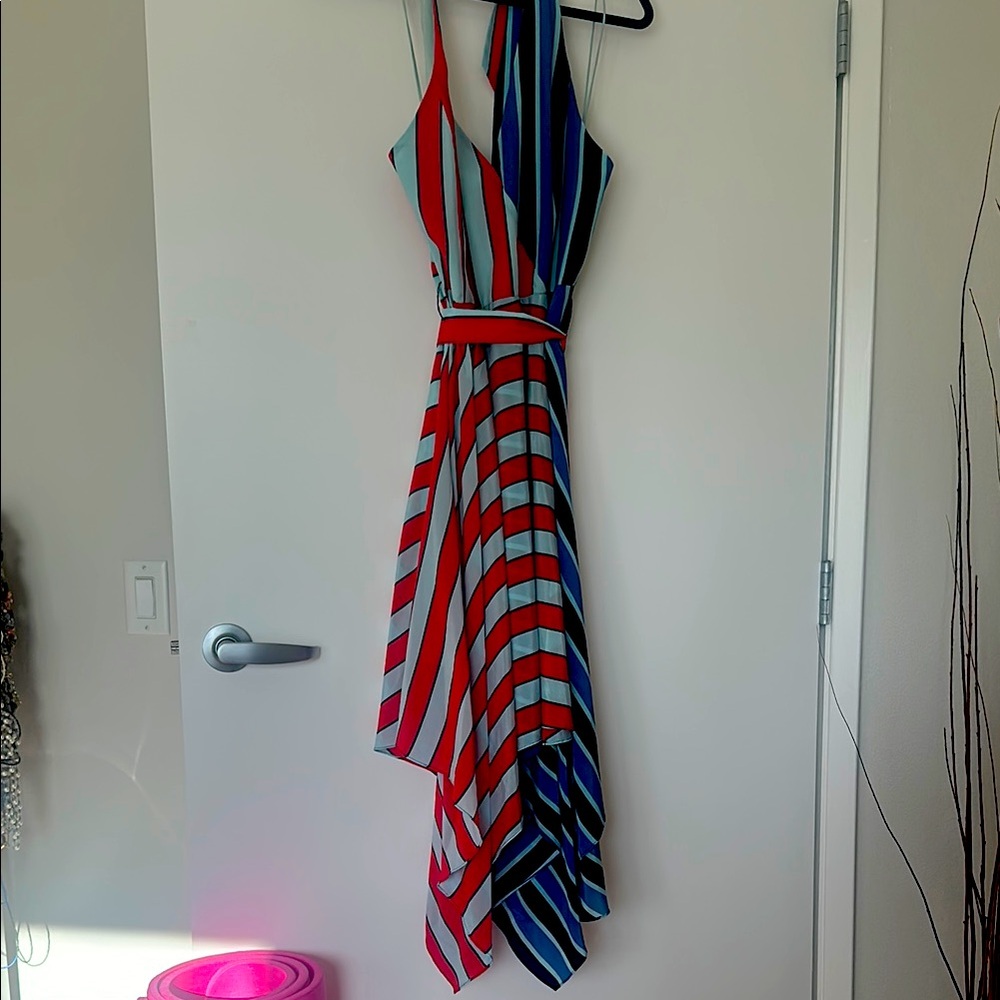 Alice + Olivia Red and Blue Asymmetrical Wrap Sundress